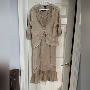 Mlle Gabrielle Womens 2 Piece Oatmeal Embroidered Beaded Midi Dress Jacket Set